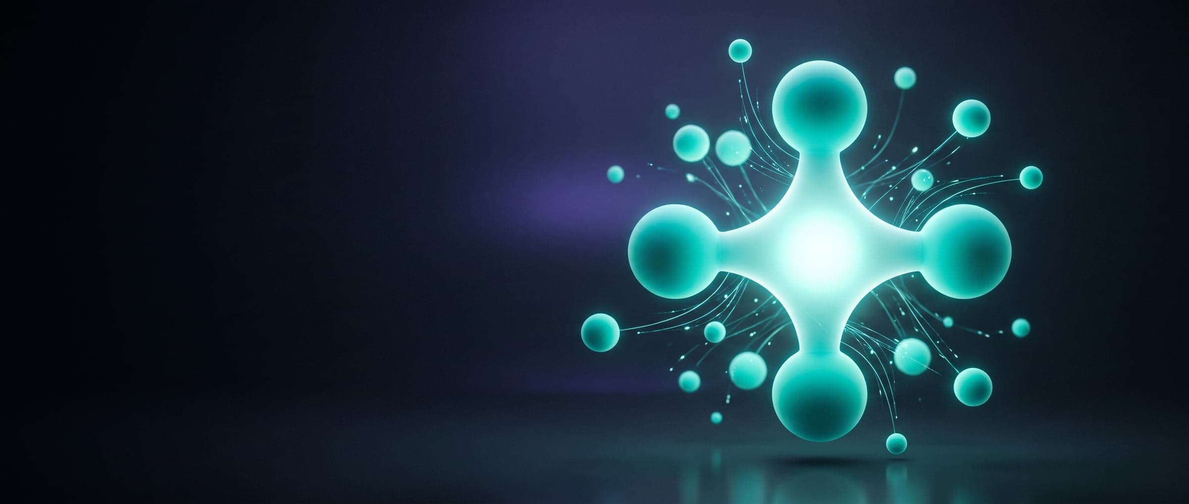 Abstrakte Systemlandschaft: vier leuchtende Knoten, zu einem Kreuz verbunden, umgeben von kleineren Knoten und Lichtlinien