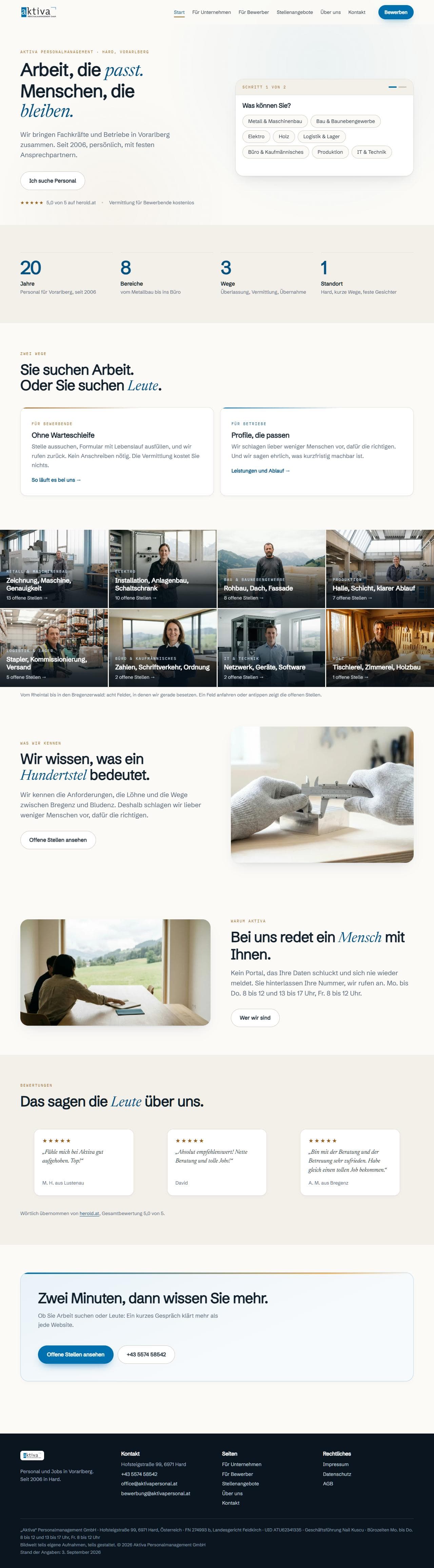 Website von Aktiva Personalmanagement: Titelzeile „Arbeit, die passt. Menschen, die bleiben.“ mit Auswahlfeld für Branchen, darunter acht Berufsfelder mit offenen Stellen