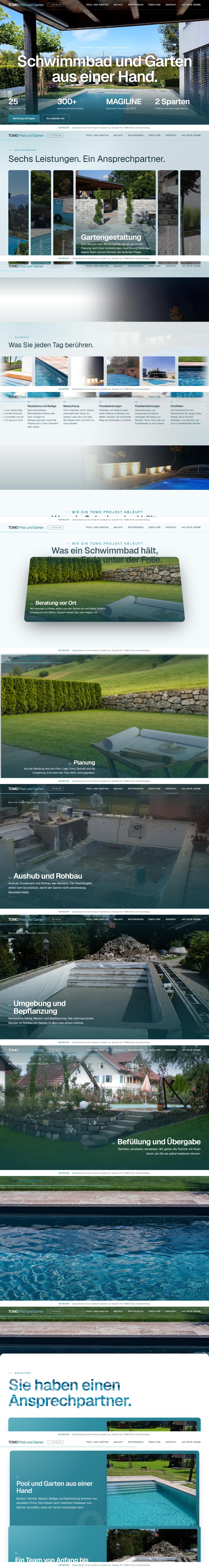 Website von Tomo Pool und Gartenbau: Titelbild „Schwimmbad und Garten aus einer Hand“, darunter die Bausequenz von der Beratung über Aushub und Bepflanzung bis zur Übergabe