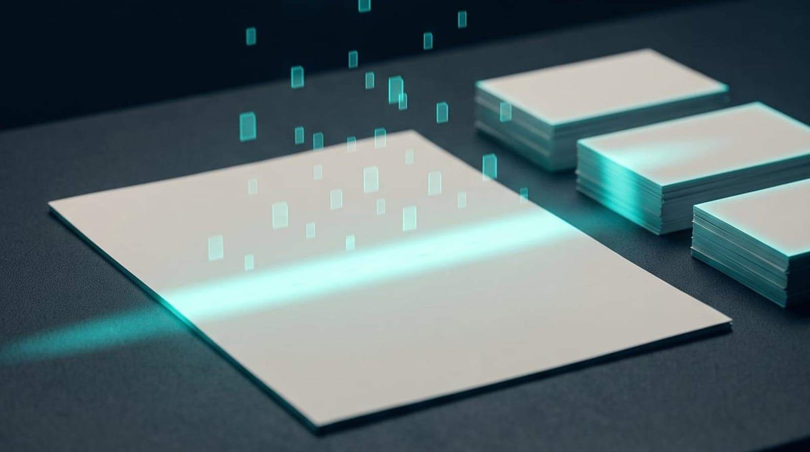 Ein einzelnes helles Blatt auf dunkler Fläche, über das ein türkiser Lichtbalken wandert; kleine leuchtende Marken steigen davon auf, rechts daneben liegen drei sortierte Papierstapel