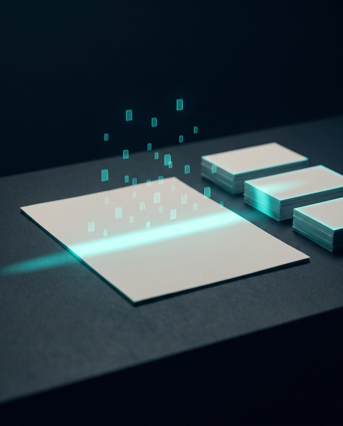 Ein türkiser Lichtstrahl liest ein Blatt Papier aus, die erkannten Werte steigen als leuchtende Felder auf, daneben liegen sortierte Stapel – Sinnbild für Assistenten, die Dokumente auslesen und vorbereiten