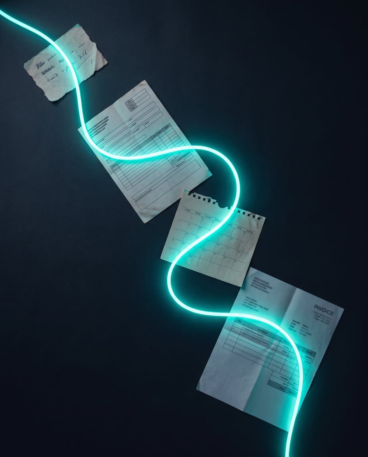Notiz, Formular, Kalenderblatt und Rechnung liegen in einer Kette, ein durchgehendes türkises Lichtband läuft von einem Beleg zum nächsten – Sinnbild für den durchgängigen Ablauf von der Anfrage bis zur Rechnung